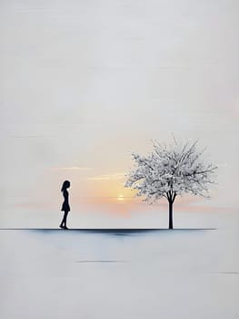 Abstract minimalist spring scene with a single, sharp silhouette of a young woman and of a blooming tree on a vast light grey canvas, with subtle color gradients hinting at spring freshness