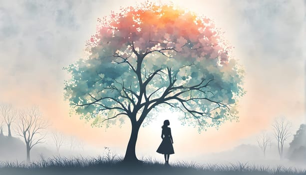 Abstract minimalist spring scene with a single, sharp silhouette of a young woman and of a blooming tree on a vast light grey canvas, with subtle color gradients hinting at spring freshness