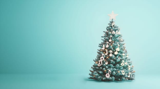 Christmas tree with music notes, fir branches and star, new year greeting card musician