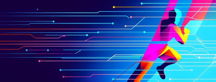 Converging digital lines and sport athletes silhouettes in vibrant colors, creating an abstract pattern to show AI’s impact in sports training