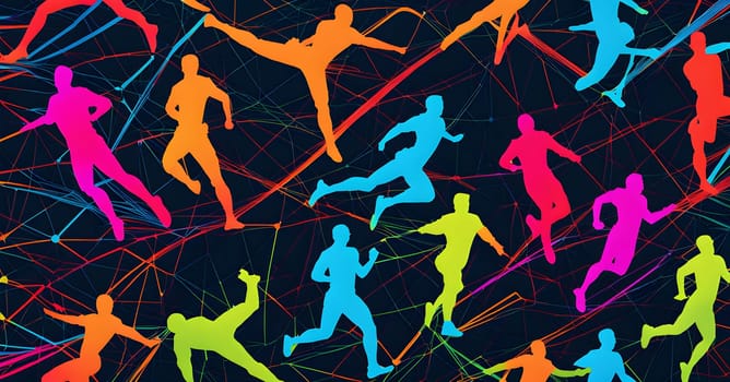 Converging digital lines and sport athletes silhouettes in vibrant colors, creating an abstract pattern to show AI’s impact in sports training