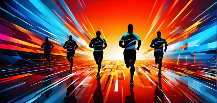 Converging digital lines and sport athletes silhouettes in vibrant colors, creating an abstract pattern to show AI’s impact in sports training