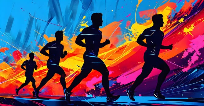 Converging digital lines and sport athletes silhouettes in vibrant colors, creating an abstract pattern to show AI’s impact in sports training