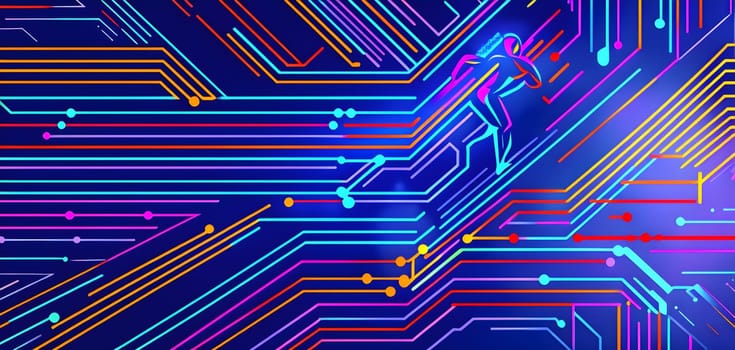 Converging digital lines and sport athletes silhouettes in vibrant colors, creating an abstract pattern to show AI’s impact in sports training