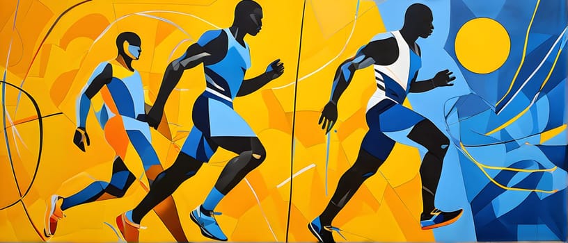 Converging digital lines and sport athletes silhouettes in vibrant colors, creating an abstract pattern to show AI’s impact in sports training