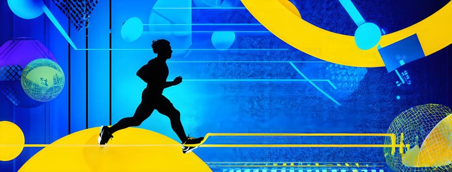 Converging digital lines and sport athletes silhouettes in vibrant colors, creating an abstract pattern to show AI’s impact in sports training