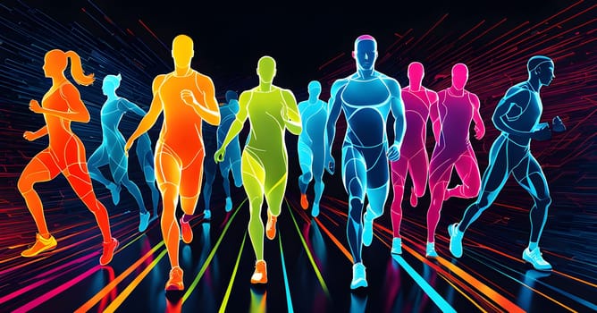 Converging digital lines and sport athletes silhouettes in vibrant colors, creating an abstract pattern to show AI’s impact in sports training