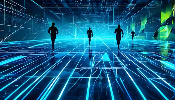 Converging digital lines and sport athletes silhouettes in vibrant colors, creating an abstract pattern to show AI’s impact in sports training