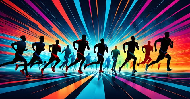 Converging digital lines and sport athletes silhouettes in vibrant colors, creating an abstract pattern to show AI’s impact in sports training