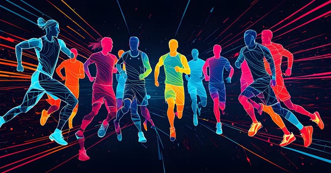 Converging digital lines and sport athletes silhouettes in vibrant colors, creating an abstract pattern to show AI’s impact in sports training