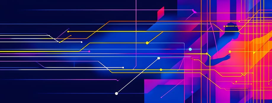 Converging digital lines and sport athletes silhouettes in vibrant colors, creating an abstract pattern to show AI’s impact in sports training