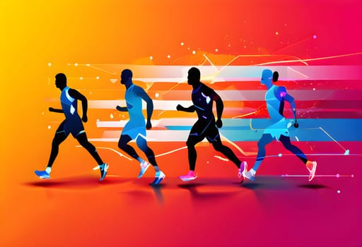 Converging digital lines and sport athletes silhouettes in vibrant colors, creating an abstract pattern to show AI’s impact in sports training