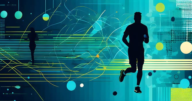 Converging digital lines and sport athletes silhouettes in vibrant colors, creating an abstract pattern to show AI’s impact in sports training