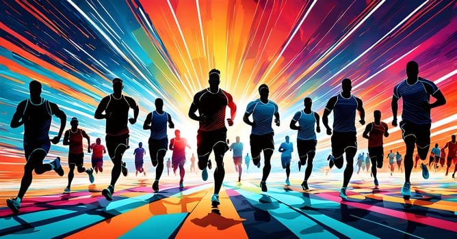 Converging digital lines and sport athletes silhouettes in vibrant colors, creating an abstract pattern to show AI’s impact in sports training