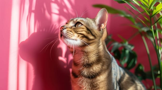 Bengal cat on pink background with houseplant. Home pet in sunlight. Cute domestic feline animal