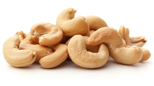 Handful of cashew nuts closeup isolated on white background. Roasted nuts on the table. Healthy organic food. Salty healthy nutritious snack
