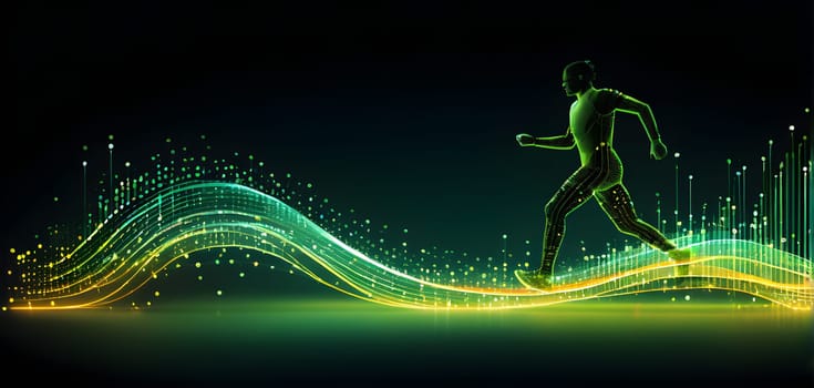 illustration of a wave of data points shaping into a runner's silhouette, conveying speed and precision guided by AI