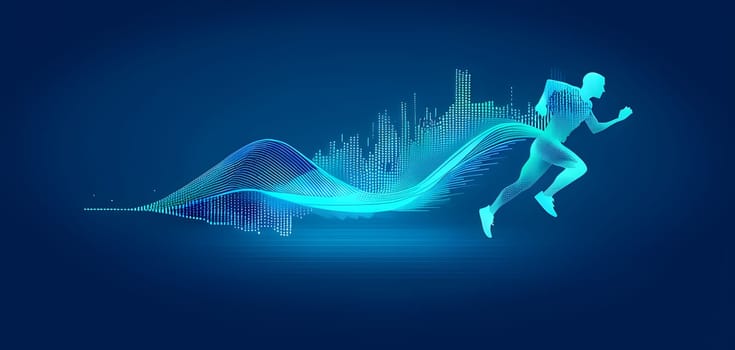 illustration of a wave of data points shaping into a runner's silhouette, conveying speed and precision guided by AI