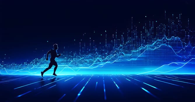 illustration of a wave of data points shaping into a runner's silhouette, conveying speed and precision guided by AI