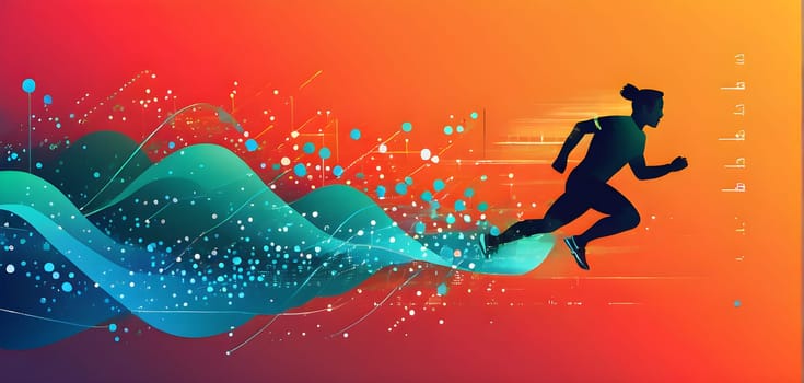 illustration of a wave of data points shaping into a runner's silhouette, conveying speed and precision guided by AI