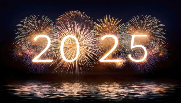 The number 2025 is projected into the sky along with fireworks, and its reflection can be seen in the water.