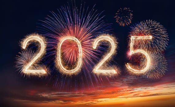 The number 2025 is projected into the sky along with fireworks.
