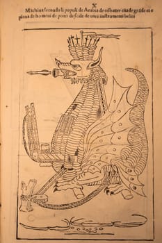 Turin, Italy - 30 April 2024. Ancient book De re militari by Roberto Valturio, 1483. Compendium of military theories from antiquity.