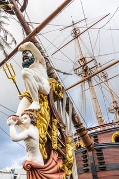 Genoa, Italy - August 17, 2024: detail of the Neptune galleon in Genoa port. The ship was built in 1985 for Roman Polanski film Pirates, replica of a 17th-century galleon