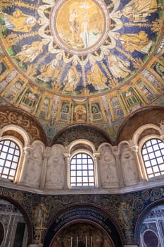 RAVENNA, ITALY - JUNE 12, 2024: mosaic detail design in the Neonian Baptistery, next to the Ravenna Cathedral