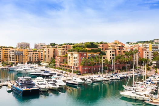 Fontvieille harbour, Monte Carlo - 17 August 2023: cityscape with yachts of the second port of Montecarlo