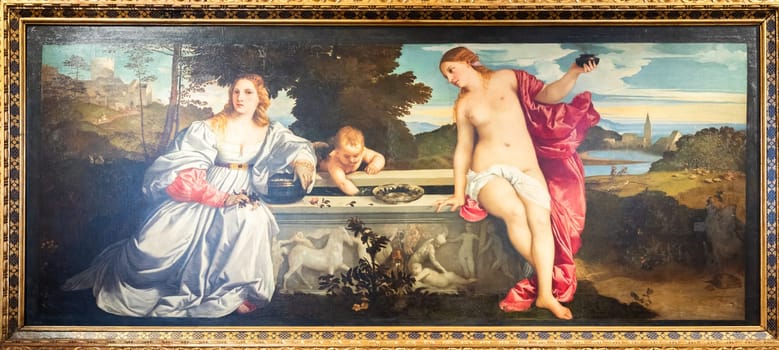 Rome, Italy - 28 December 2023: Borghese Gallery, Sacred and profane love - Amor sacro e amor profano - by Tiziano, 1514 circa