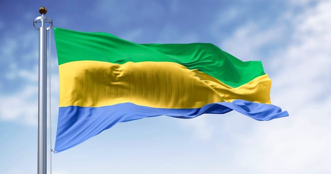 National flag of Gabon waving in the wind on a clear day. Three equal horizontal bands of green, yellow, and blue. 3d illustration render. Fluttering fabric