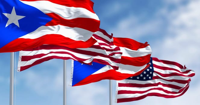 Flags of Puerto Rico waving with the United States flags on a clear day. Puerto Rico is a Caribbean island and unincorporated territory of the United States. 3D illustration render. Rippling fabric