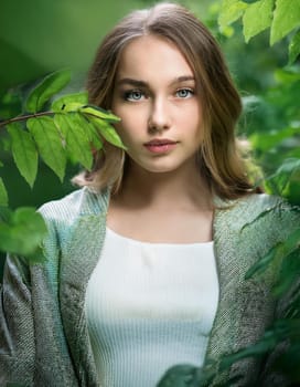pretty young woman over lush foliage, AI generated image