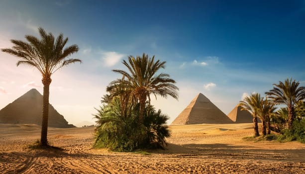 palm trees landscape with ancient egyptian pyramids, AI generated image