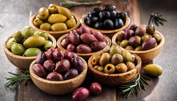 many different types of green and black olives, AI generated image