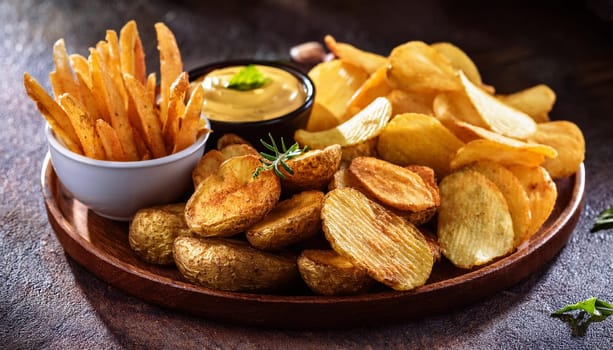 potato wedges and crisps and french fries, AI generated image