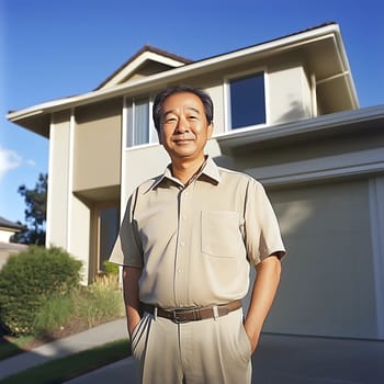 Happy asian man outside in front of his new home house
