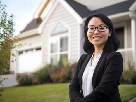 asian woman outdoors in front of her new home house