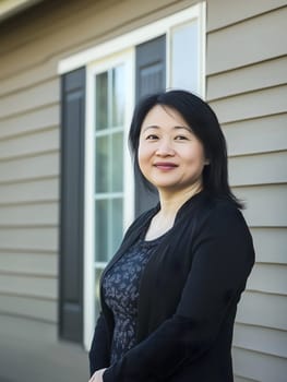 asian woman outdoors in front of her new home house