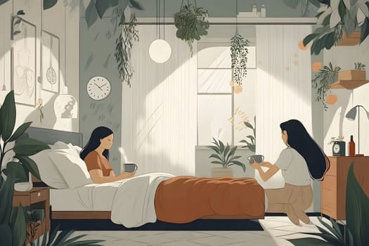 Two women enjoy a tranquil morning in a cozy room filled with plants. One sits on the bed holding a cup, while the other prepares drink nearby. Sunlight streams through window. Calm sleep environment