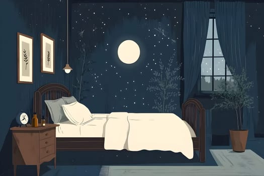 A serene bedroom features a large bed with white linens, surrounded by dark blue walls and curtains. Moonlight streams in through the window, illuminating the space. Calm sleep environment