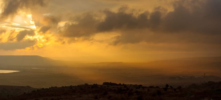 Sunset in the mountains of Crimea, Sunset landscape with rays of sun and mountains.