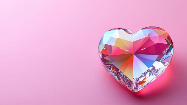Crystal diamond heart with shadows on pink background. St. Valentine's day concept. Symbol of love and passion.