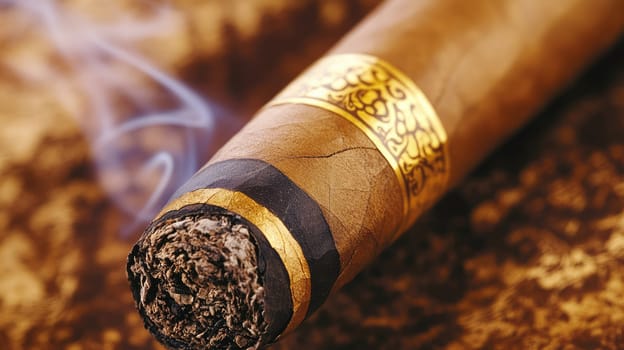 Close-up of expensive smoking Cuban cigar in a bronze ashtray. Luxury lifestyle concept.