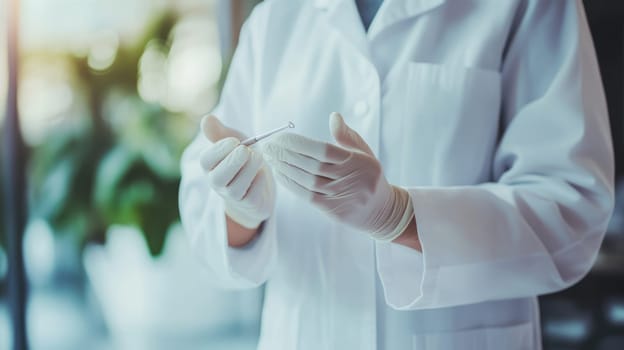 Dentist in gloves holding dental tools. Medical doctor in white gown in clinic at work.