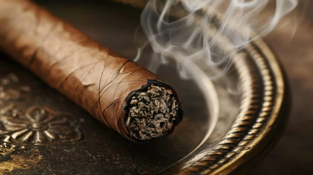 Close-up of expensive smoking Cuban cigar in a bronze ashtray. Luxury lifestyle concept.