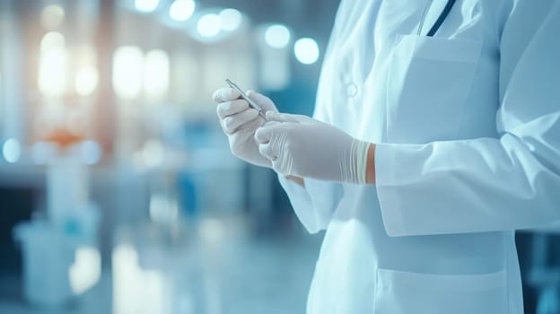 Dentist in gloves holding dental tools. Medical doctor in white gown in clinic at work.