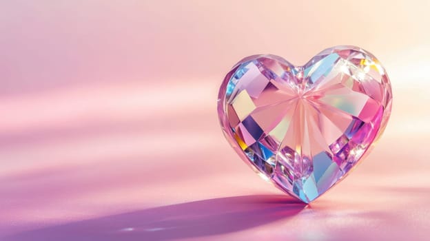 Crystal diamond heart with shadows on pink background. St. Valentine's day concept. Symbol of love and passion.