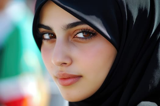 Beautiful young Iranian woman in black hijab. Arabic Muslim lady in traditional clothes.
